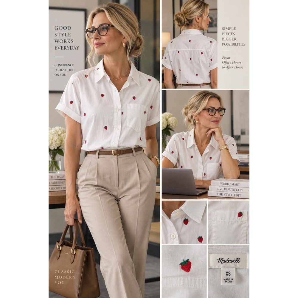 Madewell Womens XS White Strawberry Embroidered Short Sleeve Button Up Shirt
